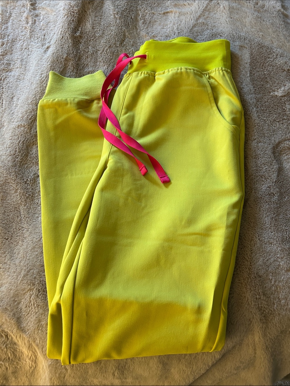 Figs Neon Yellow Jogger Pants with Pink Drawstring